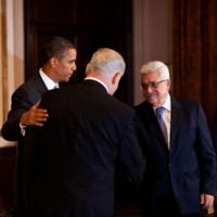President Barack Obama, Israeli Prime Minister Netanyahu, and Palestinian President Abbas during the Trilateral Meeting at the Waldorf Astoria Hotel